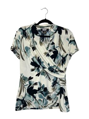 DKNY Watercolor Floral Faux Wrap Short Sleeve Dressy Office Top size Medium